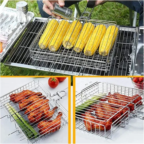 Vista 4 de Parrilla de carbón para barbacoa, parrilla portátil, cesta grande, acero inoxidable, parrilla, verduras, pescados, camarones, parrilla de carbón