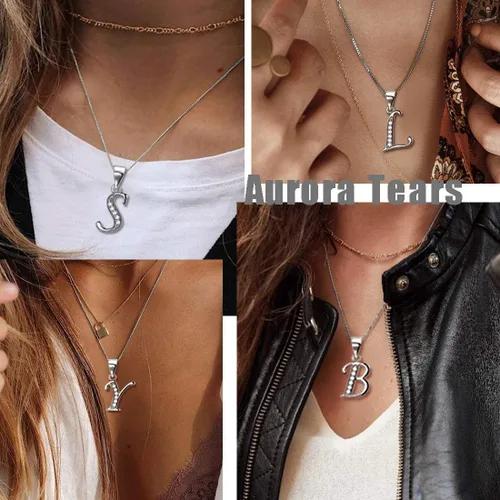 Vista 2 de Aurora Tears Collar de letra inicial de plata de ley 925 con dije de alfabeto de cristal, regalo con nombre de cristal, joyería de circonita cúbica