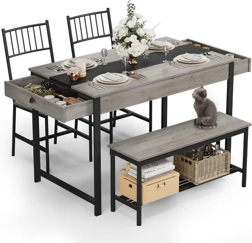 Vista 7 de IDEALHOUSE Juego de mesa de comedor para 4 personas, mesa de cocina pequeña y 2 sillas para 4 con banco, juego de mesa rectangular de granja de Gris