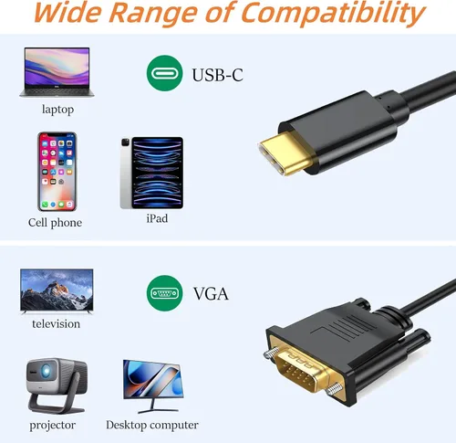 Vista 8 de Cable USB C a VGA de 3 pies, cable VGA a USB C para monitor, compatible con MacBook Pro/Air, iPad Pro, teléfono, laptop, proyector