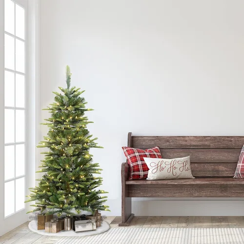 Vista 4 de Puleo International - Árbol de Navidad artificial de abedul Aspen delgado preiluminado de 4.5 pies con 200 luces transparentes, 389 puntas de ramas