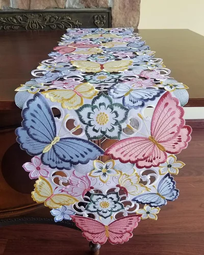 Vista 2 de Camino de mesa de Pascua, bordado de primavera, con apliques de mariposa, ropa de mesa floral, decoración de mesa de comedor, decoración de mesa