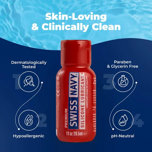 Vista 4 de Swiss Navy Lubricante Premium a Base de Silicona - 1 oz - Lubricante Personal para Hombres, Mujeres y Parejas - Seguro para Condones y Látex