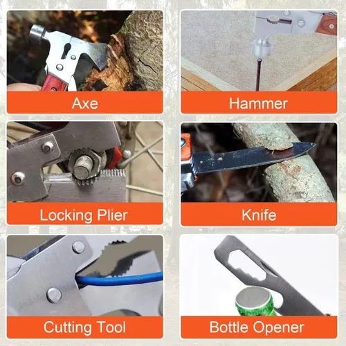 Vista 5 de Martillo multiherramienta, accesorios de equipo de campamento, kits de supervivencia, herramienta multifunción 14 en 1, mango de madera plegable