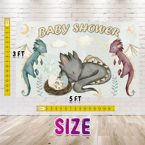 Vista 2 de Telón de fondo de baby shower de dragones de 5 x 3 pies para eclosionar pronto, decoración de fiesta temática de dragón de fantasía para niños