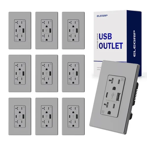 Vista 51 de ELEGRP Cargador USB de pared, receptáculo USB con puertos USB tipo A y tipo C, enchufe dúplex de 15 amperios resistente a manipulaciones NEMA 5-15R