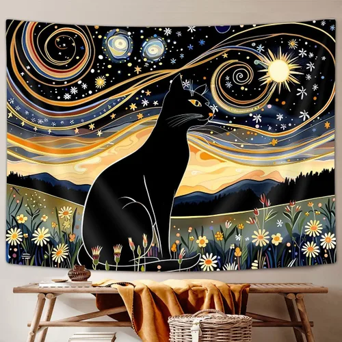 Vista 2 de Ptrxobj Tapiz estético de gato negro, divertido diseño de gato estrellado noche estrellada, tapiz para colgar en la pared para dormitorio, sol