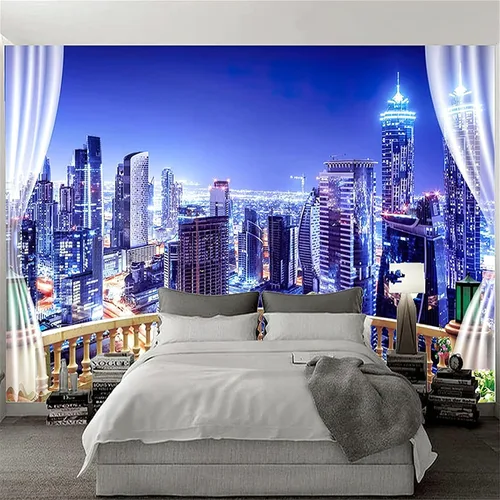 Vista 2 de Hermoso papel tapiz 3D con vista nocturna de la ciudad, vista nocturna fuera de la ventana, papel tapiz fotográfico para sala de estar, dormitorio
