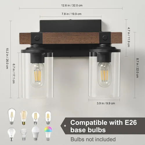 Vista 3 de Lámpara de tocador de granja para baño, accesorios de iluminación rústica de madera Luces de baño de 2 luces sobre espejo vintage de pared