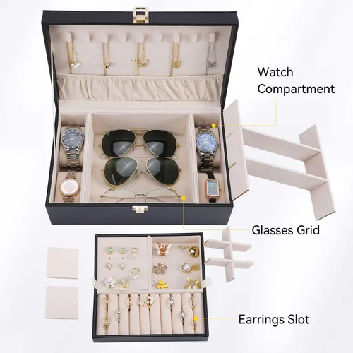 Vista 4 de LANDICI Joyero organizador para mujeres y niñas estuche grande de 2 capas para hombres con bandeja extraíble soporte de almacenamiento de joyas