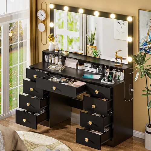 Vista 3 de DINGIPP Escritorio de tocador con espejo y luces, escritorio de maquillaje con 9 cajones y asas de cristal, tocador de dormitorio con toma