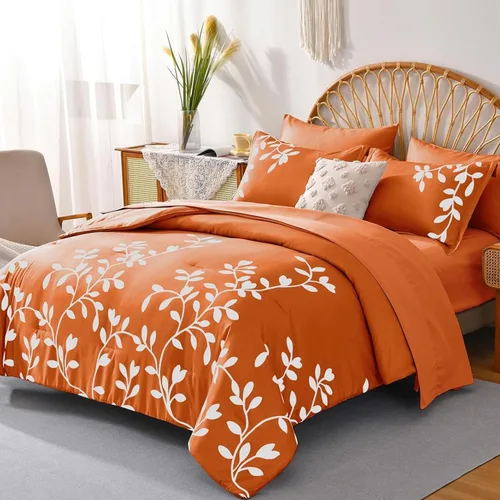 Vista 9 de Juego de edredón tamaño King, 7 piezas con estampado botánico floral blanco en negro, juego de edredón con sábanas, juego de ropa de cama