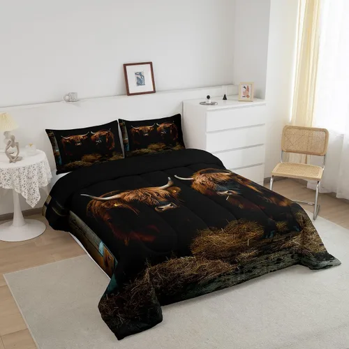 Vista 3 de Ropa de cama con estampado de vaca marrón tamaño individual, juego de edredón rústico de piel de vaca con calavera de vaca, relleno de edredón