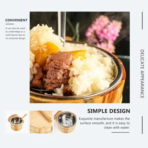 Vista 8 de SHOWERORO Cubo de arroz de madera con tapa, 6.3 x 4.7 x 4.3 pulgadas, cuenco de arroz para sushi estilo japonés y bañera mezcladora Bibimbap plato