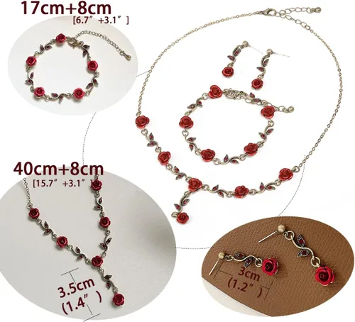 Vista 2 de Juego de 3 piezas de joyería de color rojo rosa, collares de flores, aretes colgantes, pulsera, joyería de graduación de oro rosa para mujer, boda