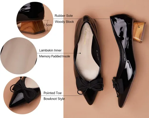Vista 4 de C.Paravano Zapatos de tacón de madera I negro I Zapatos planos para mujer I Zapatos de tacón bajo para mujer I Bowknot puntiagudo zapatos de tacón