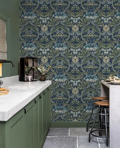 Vista 4 de NextWall Acanthus Papel pintado floral de pelar y pegar (denim y salvia)