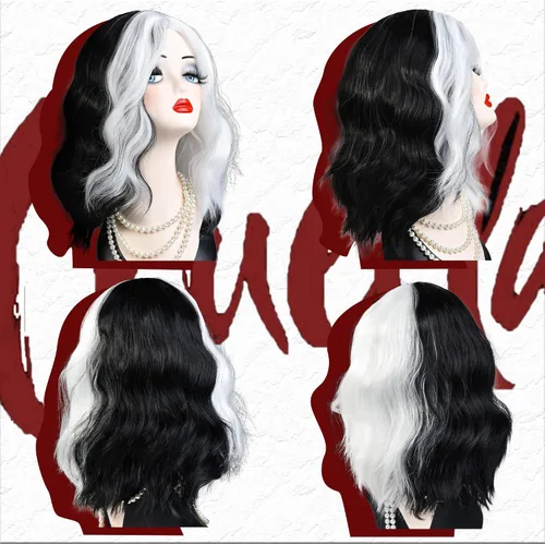 Vista 3 de Zivyes Cruella Devil Accessories - Disfraz de disfraz de Ms. Spot en blanco y negro, peluca con guantes de Cruella Deville para cosplay