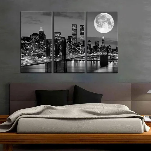 Vista 2 de Biuteawal Arte de pared de horizonte de Nueva York, puente de Brooklyn, luna y vista nocturna, lienzo impreso en lienzo de ciudad en blanco y negro