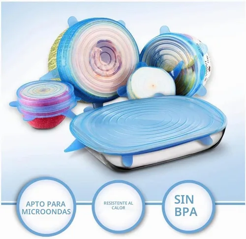 Vista 6 de Tapas elásticas de silicona flexibles redondas reutilizables para tazón, taza, plato, envoltura de alimentos de silicona de grado alimenticio, 6 Azul