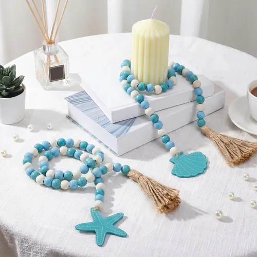 Vista 2 de Janinka Guirnalda de cuentas de madera con borlas, decoración costera Azul