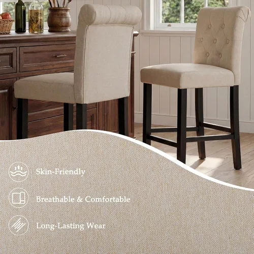Vista 4 de GOTMINSI Taburetes de tela beige de 24 pulgadas, juego de 2 sillas tapizadas de altura de mostrador con decoración copetuda de estilo ocio