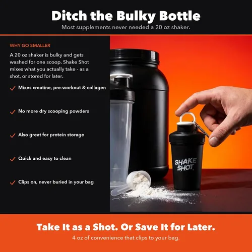 Vista 3 de Negro - Botella mezcladora mini de 4 oz para preentrenamiento, creatina, suplementos de cucharada pequeña (no para proteínas) con clip y bola