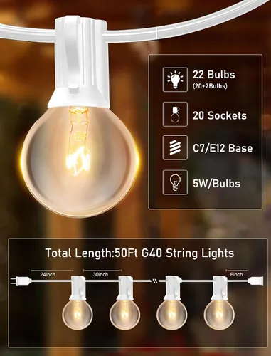 Vista 2 de Luces de Cadena Blancas para Exteriores de 50 Pies con 20 Bombillas Transparentes, Luces de Cadena de Patio Globo G40 para Interiores/Exteriores