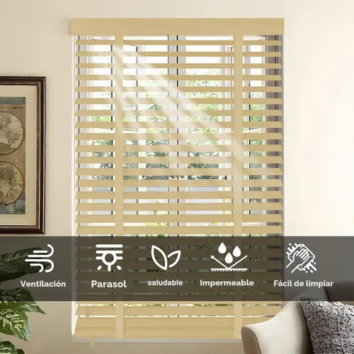 Vista 4 de Persianas de madera con listones de 2 pulgadas para ventanas de interior: persianas opacas de madera maciza, persianas horizontales de privacidad