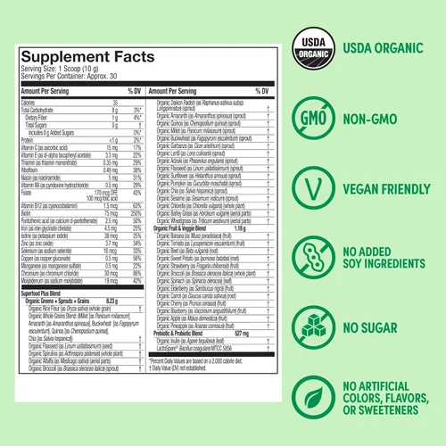 Vista 4 de Purely Inspired Organic Greens Powder Superfood Smoothie Mix, sin sabor (30 porciones) – Super Greens con probióticos, espirulina y clorella