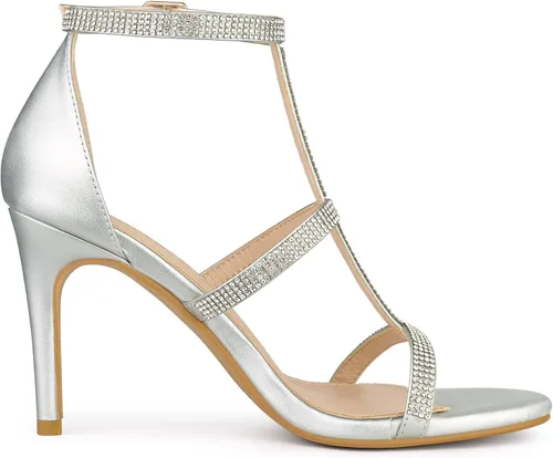 Vista 6 de Allegra K Sandalias de tacón alto con correa de tobillo y diamantes de imitación para mujer