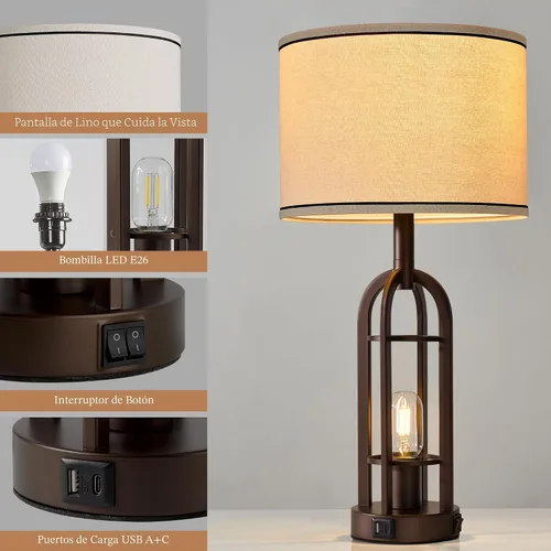 Vista 5 de SRJJA Juego de 2 lámparas de mesa de granja para sala de estar y dormitorio, lámparas de noche industriales rústicas para mesitas de noche con USB