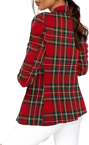 Vista 3 de Taodou Chaqueta casual a cuadros para mujer, de manga larga, con doble botonadura y cuello de solapa