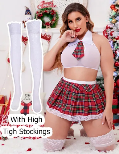 Vista 2 de Avidlove - Conjunto de lencería sexy para mujer, disfraz de colegiala con top, corbata y minifalda