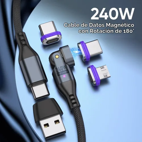 Vista 2 de Cable de carga magnético de 240 W, cable de datos magnético USBC a USB C giratorio de 180°, cable de carga rápida para teléfono micro USB