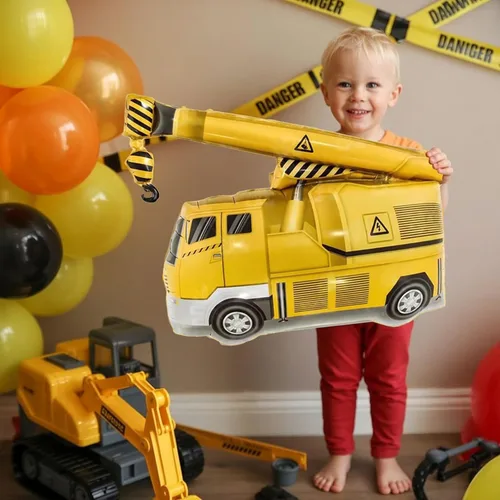 Vista 8 de Globos de construcción para el primer cumpleaños, 9 globos dorados de 40 pulgadas con el número 1 para excavadora grande, camión volquete, grúa