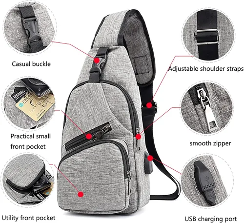Vista 3 de Bolso bandolera para mujeres y hombres, mochila deportiva, bolsas de hombro, bolsa de viaje, senderismo, bolsa de pecho de moda con USB, C-gris