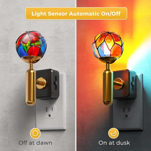 Vista 4 de L LOHAS LED Luz Nocturna con Atenuación Sin Escalones del 0-100%, Luz Nocturna de Vidrio Manchado Enchufable con Sensor de Anochecer a Amanecer, Luz