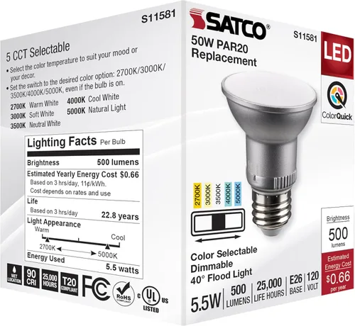 Vista 8 de Satco S11581; LED PAR20 de 5.5 vatios; base media; acabado plateado; CCT seleccionable; 120 voltios; ángulo de haz de 40 grados
