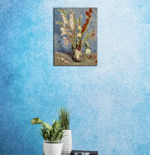 Vista 7 de Wieco Art Jarrón con gladiolos y asteres de China por Van Gogh Famosas pinturas al óleo Reproducción de pinturas al óleo modernas florales Giclée