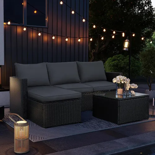 Vista 7 de Juego de muebles de patio con cojines suaves desmontables, sofá seccional de patio de 3 piezas, juego de sofá de conversación de ratán PE para todo