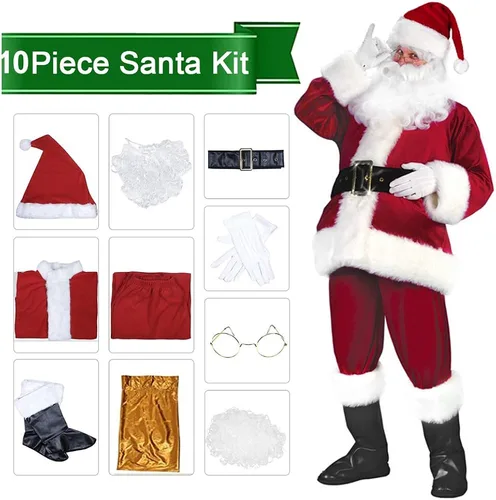 Vista 2 de Men Deluxe Santa Costume Suit for Adults 10pcs Santa Claus Costumes for Christmas Xmas Velvet