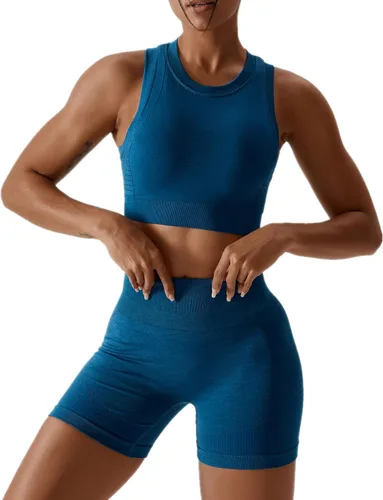 Vista 84 de Conjuntos de entrenamiento para mujer, 2 piezas, sin costuras, acanalada, sin mangas, brasier deportivo, cintura alta, pantalones cortos