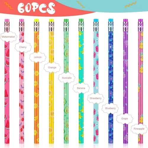 Vista 5 de Thenshop 30 lápices perfumados para niños, lápices de grafito HB con aroma a frutas, a granel con 30 adornos de dibujos animados, lindos bolígrafos