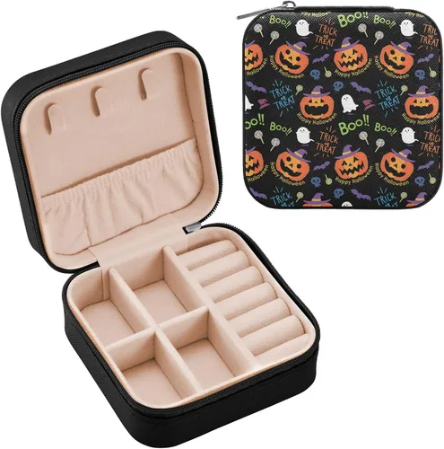 Vista 2 de Joyero pequeño de cuero para viajes, caja de almacenamiento portátil para joyas, calabaza, fantasma, caramelo, para anillos, aretes, collares