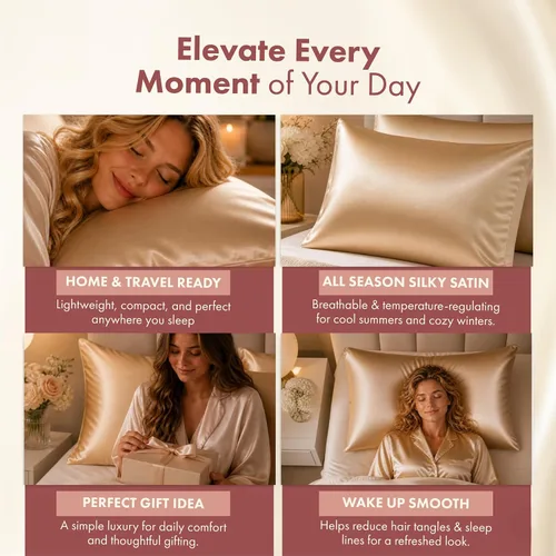 Vista 5 de LUCE Funda de almohada de satén de 600 hilos, comodidad sedosa para cabello y piel, similar a las fundas de almohada de seda para un sueño
