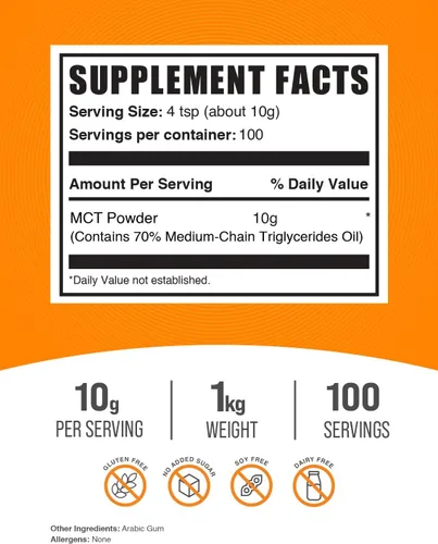 Vista 2 de BulkSupplements. com MCT Powder - Triglicéridos de cadena media, aceite en polvo MCT, suplemento energético, sin gluten, 0.35 oz por porción, 2.2
