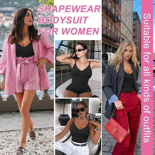 Vista 2 de HOMETA Body para mujer, sin costuras, con control de abdomen, cuello en V, sin mangas, camiseta sin mangas