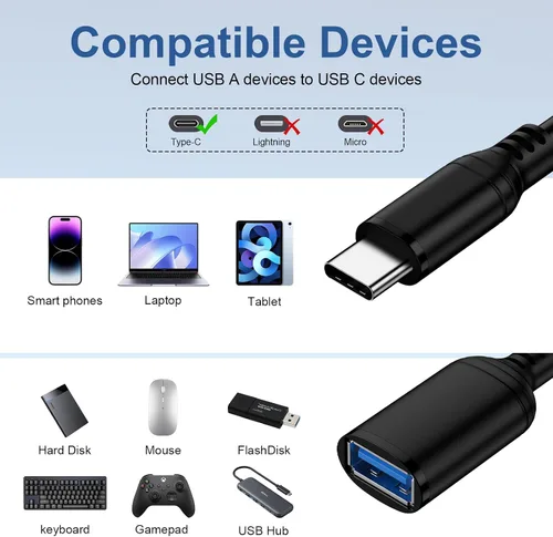 Vista 7 de Cable adaptador USB a USB C tipo C OTG cable para iPhone 17e 17 Pro Max 17 Pro 17 Air 16 Plus 15, USB A hembra a USB C macho OTG cable adaptador