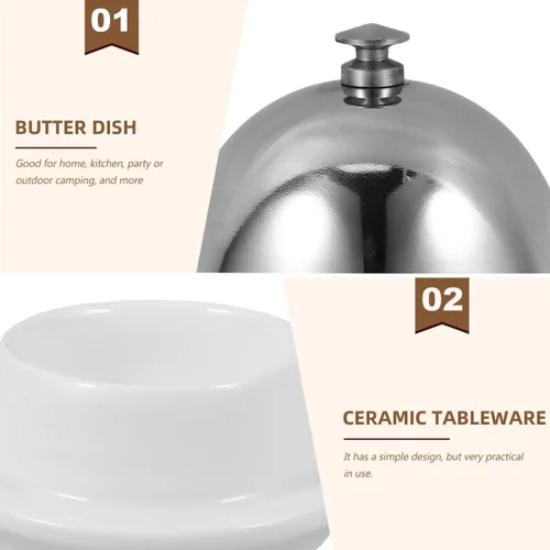 Vista 5 de Tofficu Mantequillera de cerámica con tapa, recipiente de mantequilla de cúpula de acero inoxidable para encimera, postre, cupcake, pastel de crema